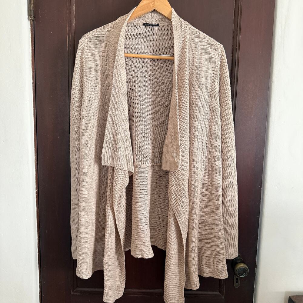 EILEEN FISHER | Oatmeal Tan Open Weave Linen Open Front Cardigan | Large - Picture 1 of 5